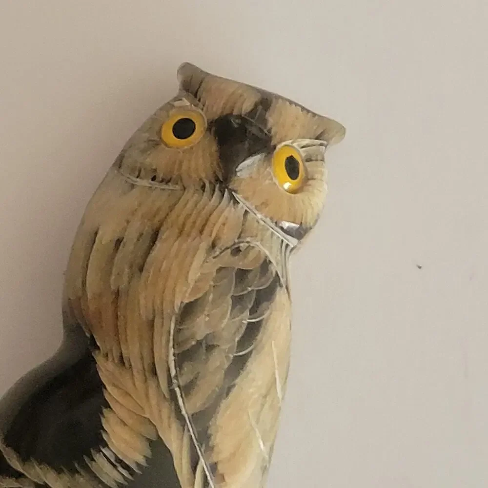 Vintage Carved Water Buffalo Horn Owl Figurine Sculpture 2.75
